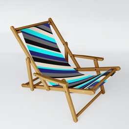 [ Thumbnail: Colorful Cyan, Midnight Blue, Dim Gray, Black, and Beige Colored Lines/Stripes Pattern Sling Chair ]