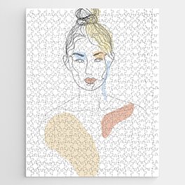 Minimal Line Art Woman Face With Watercolor Jigsaw Puzzle