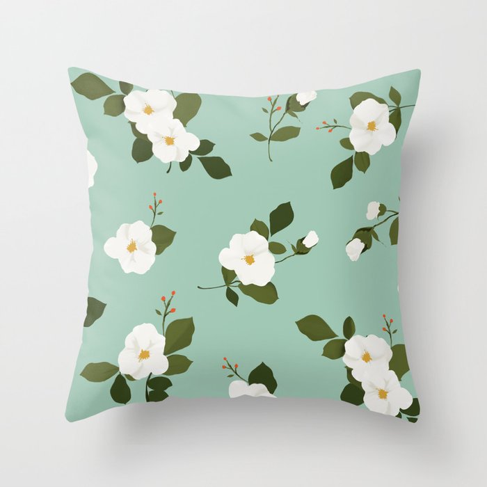 Floral Throw Pillow White Flowers On Mint Background Throw Pillow By Hellopillow Society6