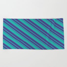 [ Thumbnail: Light Sea Green and Dark Slate Blue Colored Stripes/Lines Pattern Beach Towel ]