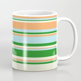 [ Thumbnail: Forest Green, Beige, Brown & Powder Blue Colored Striped Pattern Coffee Mug ]