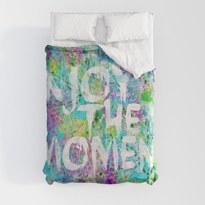 Enjoy the moment inspirational Typography Art in turquoise and pink Duvet Cover