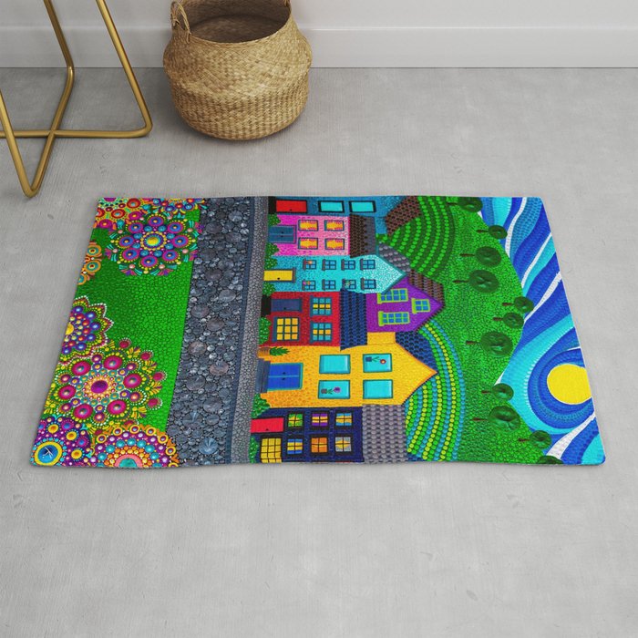 Dot Painting Colorful Village Houses, Hills, and Garden Rug
