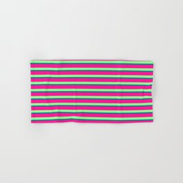 [ Thumbnail: Green, Teal, and Deep Pink Colored Stripes Pattern Hand & Bath Towel ]
