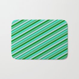 [ Thumbnail: Turquoise, Sea Green, Light Blue, and Green Colored Striped Pattern Bath Mat ]