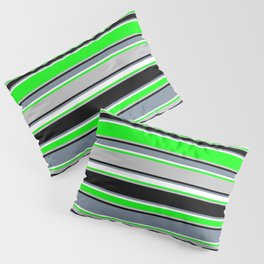 [ Thumbnail: Vibrant Lime, Grey, Black, Light Slate Gray & White Colored Pattern of Stripes Pillow Sham ]
