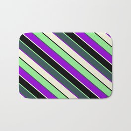 [ Thumbnail: Vibrant Light Green, Dark Slate Gray, Dark Violet, Beige, and Black Colored Lined/Striped Pattern Bath Mat ]