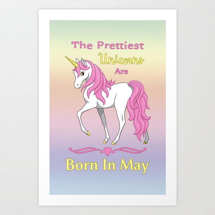 Pretty Pink Unicorn May Birthday Girl Art Print