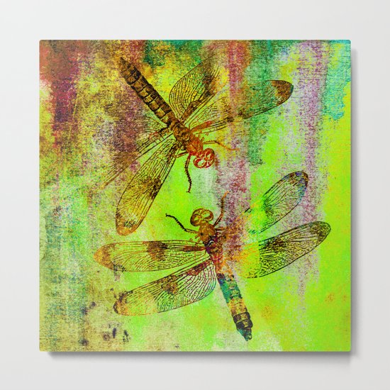 Green Watercolor Dragonflies Metal Print