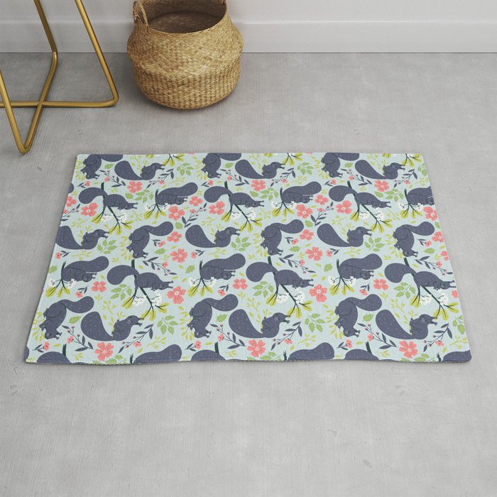 Grey flowers and squirrels Rug