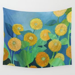 Sunny Flowers in Blue Wall Tapestry
