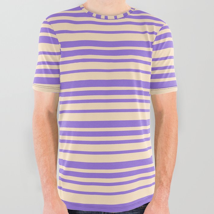 Bisque & Purple Colored Lines/Stripes Pattern All Over Graphic Tee
