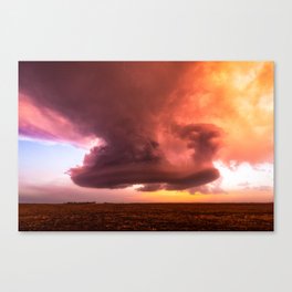 A Storm with No Rain - Supercell Thunderstorm Hovers Over Field at Sunset on Spring Evening in Kansas Canvas Print