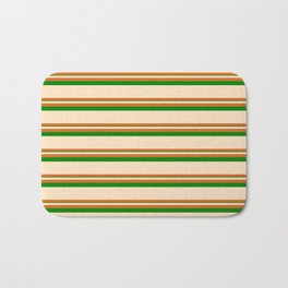 [ Thumbnail: Bisque, Chocolate, and Green Colored Striped Pattern Bath Mat ]