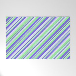 [ Thumbnail: Green, Medium Slate Blue, and Lavender Colored Lines Pattern Welcome Mat ]