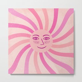 Retro Happy Sun Face Pink Metal Print
