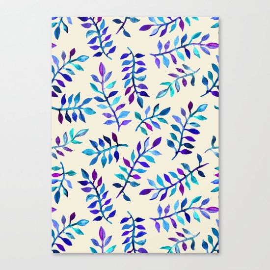 Hand Painted Purple & Aqua Leaf Pattern on Cream Canvas Print