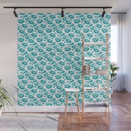 Two Kisses Collided Turquoise Lips Pattern On White Background Wall Mural