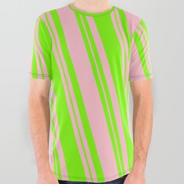 [ Thumbnail: Pink & Green Colored Lined/Striped Pattern All Over Graphic Tee ]