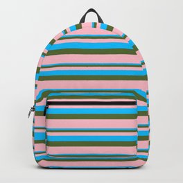 [ Thumbnail: Deep Sky Blue, Dark Olive Green & Pink Colored Lined/Striped Pattern Backpack ]