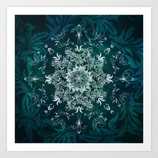 Elegant Floral leaf pattern Blue Green Art Print