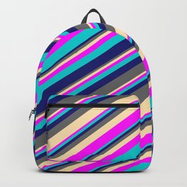 [ Thumbnail: Midnight Blue, Dim Gray, Beige, Fuchsia, and Dark Turquoise Colored Lines/Stripes Pattern Backpack ]