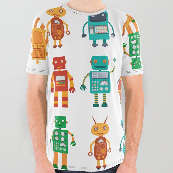 Seamless pattern from colorful retro robots in a flat style on a white background. Vintage illustration.  All Over Graphic Tee