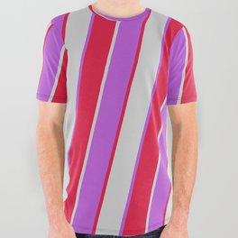 [ Thumbnail: Orchid, Crimson, and Light Grey Colored Stripes/Lines Pattern All Over Graphic Tee ]