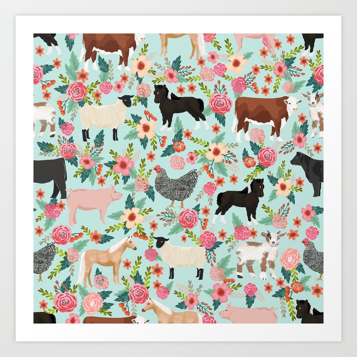 Farm animal sanctuary pig chicken cows horses sheep floral pattern gifts Art Print