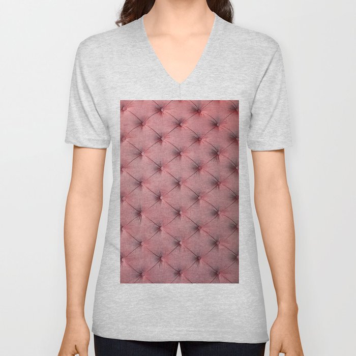 Blush Pink Velvet Tufted Pattern V Neck T Shirt