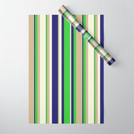 [ Thumbnail: Midnight Blue, Lime Green, Tan & Beige Colored Stripes/Lines Pattern Wrapping Paper ]