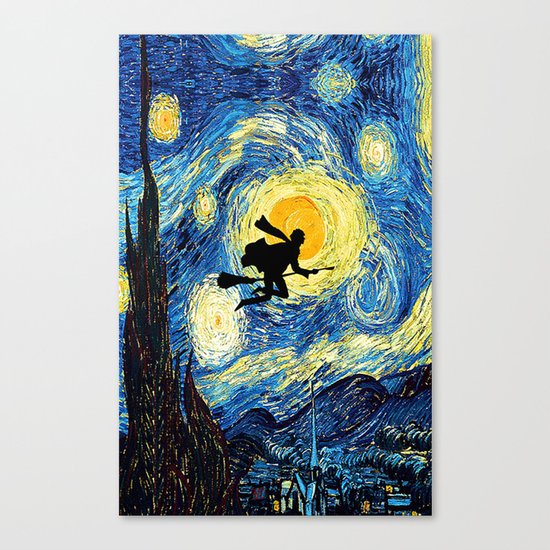 Starry Night Harry Potte with broom Van Gogh Inspired Magic Hogwarts Canvas Print