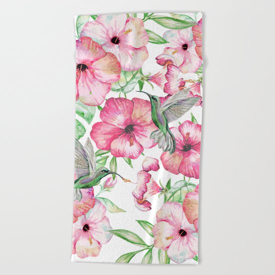 Hibiscus + Hummingbirds Pink Beach Towel