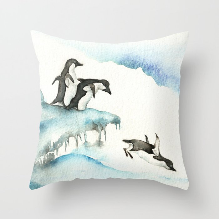 Jumping Penguins - Watercolor Throw Pillow