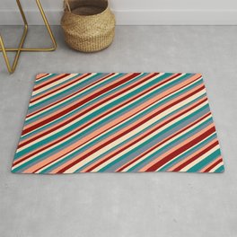 [ Thumbnail: Eye-catching Bisque, Teal, Slate Gray, Light Salmon & Dark Red Colored Stripes Pattern Rug ]