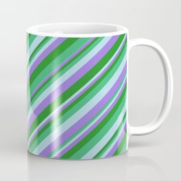 [ Thumbnail: Sea Green, Light Blue, Purple, and Forest Green Colored Lines/Stripes Pattern Coffee Mug ]