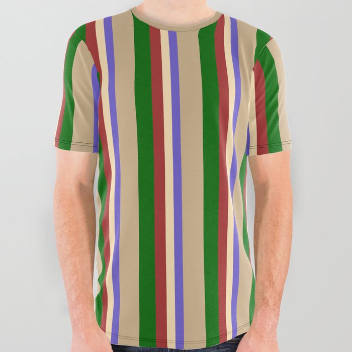 Colorful Slate Blue, Beige, Brown, Dark Green, and Tan Colored Lines Pattern All Over Graphic Tee