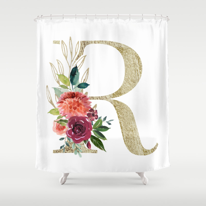 Letter R Monogram Gold And Watercolor Flowers Shower Curtain By