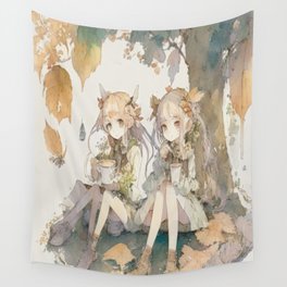 Two Anime Girls, watercolor Wall Tapestry