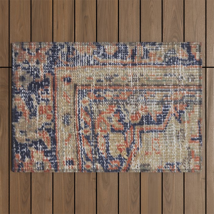 Vintage Woven Navy Blue and Tan Kilim  Outdoor Rug