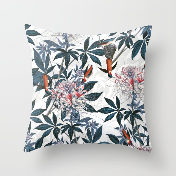 Hummingbirds - I Throw Pillow | Painting, Digital, Pattern, Floral, Flowers, Hummingbirds, Birds, Nature, Retro, Vintage