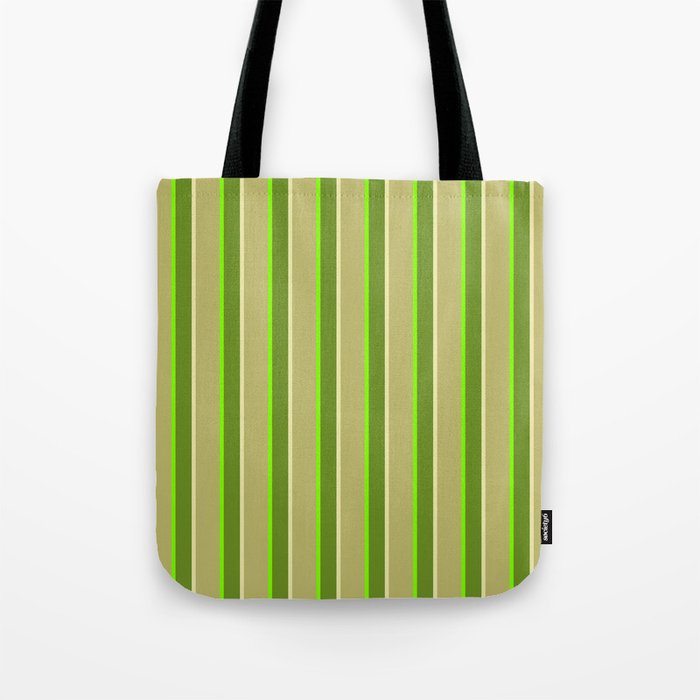 Green, Pale Goldenrod, Dark Khaki & Chartreuse Colored Lines/Stripes Pattern Tote Bag