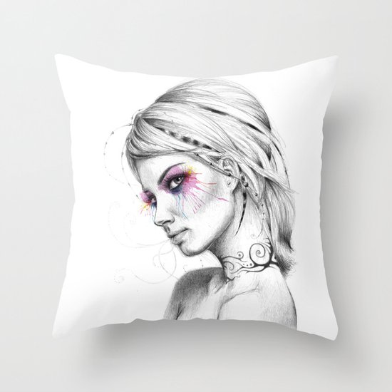 Beautiful Girl with Tattoos and Colorful Eyes Throw Pillow