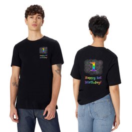 [ Thumbnail: 1st Birthday - Fun Rainbow Spectrum Gradient Pattern Text, Bursting Fireworks Inspired Background T Shirt T-Shirt ]