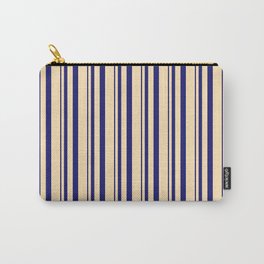 [ Thumbnail: Midnight Blue and Beige Colored Lines Pattern Carry-All Pouch ]