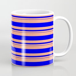 [ Thumbnail: Light Salmon & Blue Colored Lined/Striped Pattern Coffee Mug ]