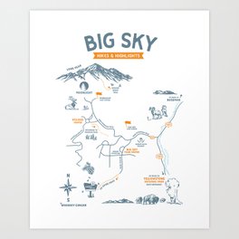 Big Sky, Montana Hiking & Recreation Trail Map Art Print