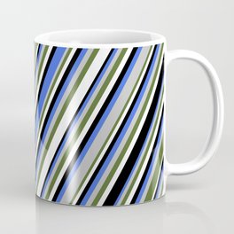 [ Thumbnail: Eye-catching Royal Blue, Grey, Dark Olive Green, White & Black Colored Lines Pattern Coffee Mug ]