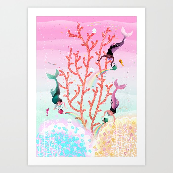 Mermaids’ Coral Garden childrens’ illustration Art Print