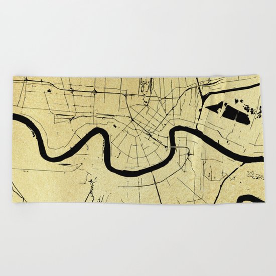 New Orleans Black and Gold Map Beach Towel